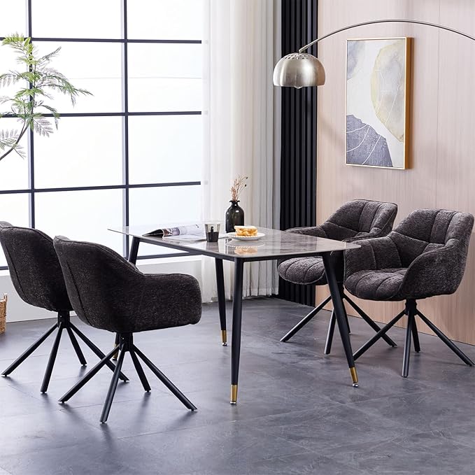 Set of 2 Swivel Dining Chairs with Padded Armrests – Chenille Upholstered Accent Chairs with 180° Auto-Return Function and Metal Frame, Grey