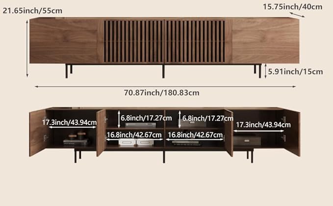 180cm Walnut TV Stand with Fluted Doors – Mid-Century Modern Media Console & Storage Unit for Up to 80-Inch TVs