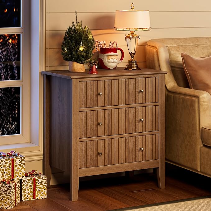 Walnut 3-Drawer Bedside Cabinet – Large Wooden Nightstand with Metal Handles for Bedroom, Hallway Storage