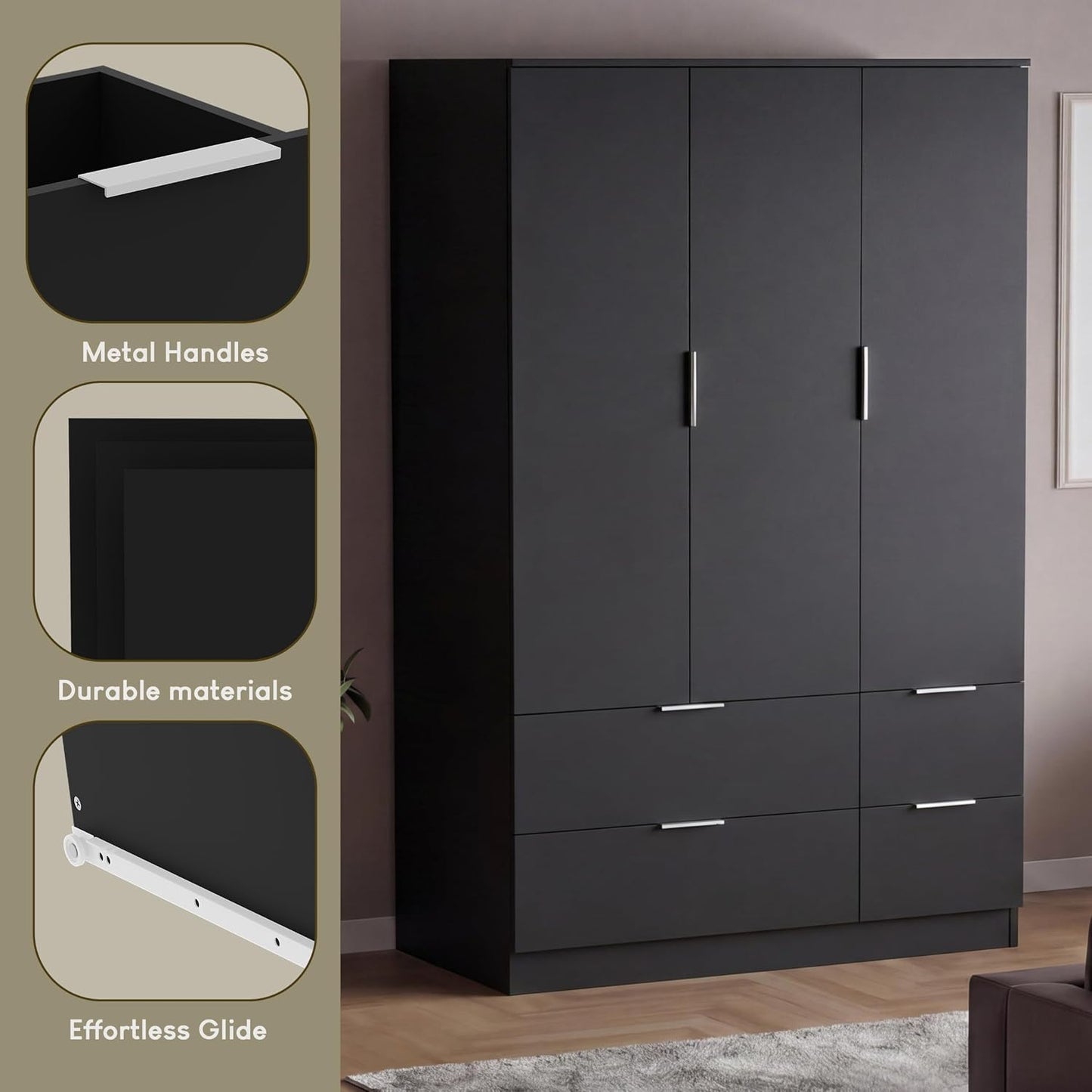 Modern 4 Drawer Black Wardrobe – Spacious Bedroom Storage with Hanging Rail & Shelf (170 x 108 x 54 cm)