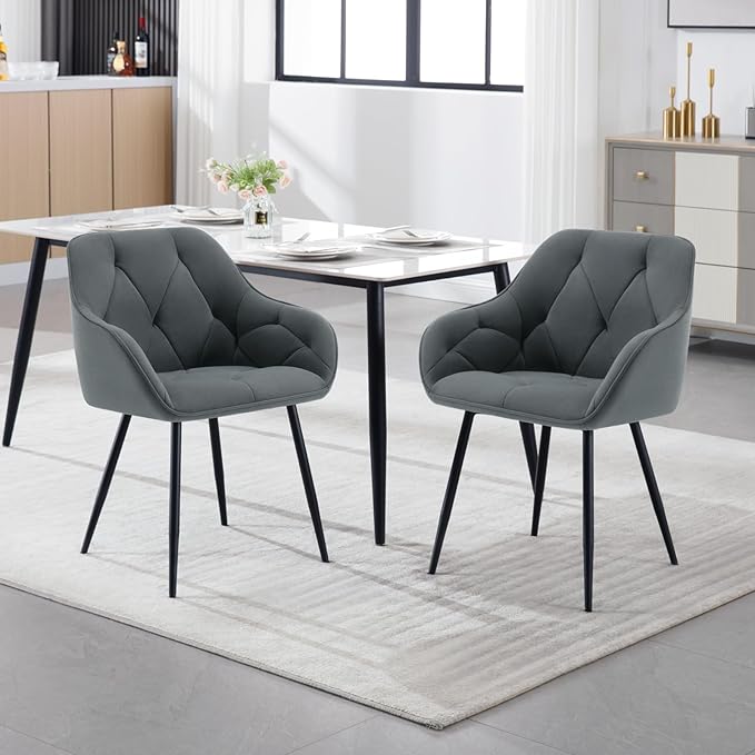 Set of 4 Velvet Dining Chairs with Armrests –  Living Room Chairs with Ergonomic Backrest and Metal Legs, Dark Grey