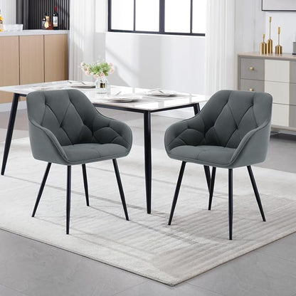 Set of 4 Velvet Dining Chairs with Armrests –  Living Room Chairs with Ergonomic Backrest and Metal Legs, Dark Grey