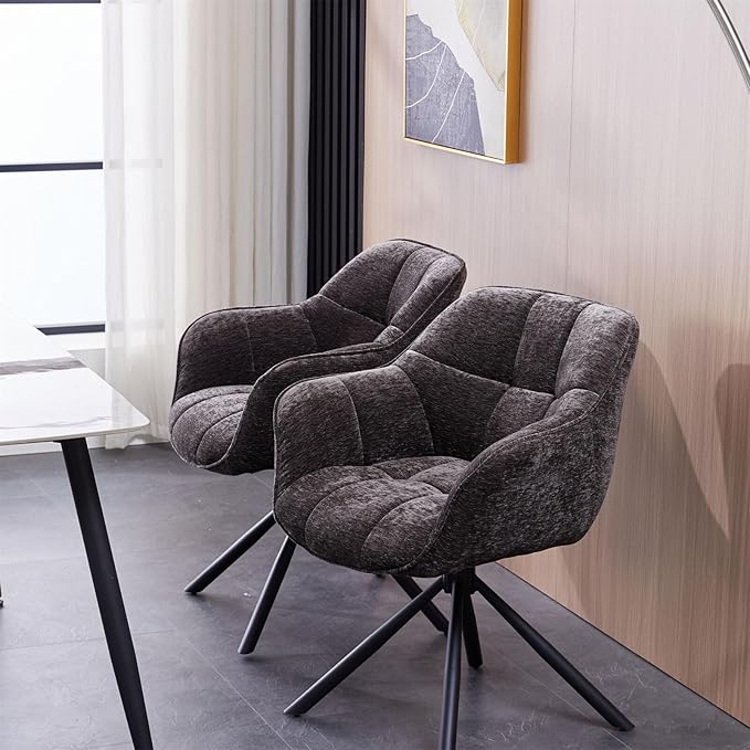 Set of 2 Swivel Dining Chairs with Padded Armrests – Chenille Upholstered Accent Chairs with 180° Auto-Return Function and Metal Frame, Grey