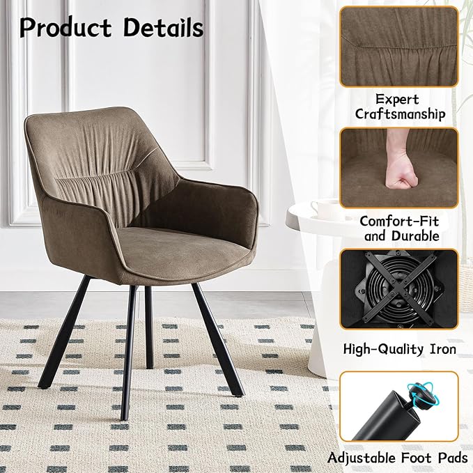 Set of 4 Swivel Dining Chairs – Upholstered Armchairs with 360° Rotation, Ergonomic Backrest and Metal Legs, Brown