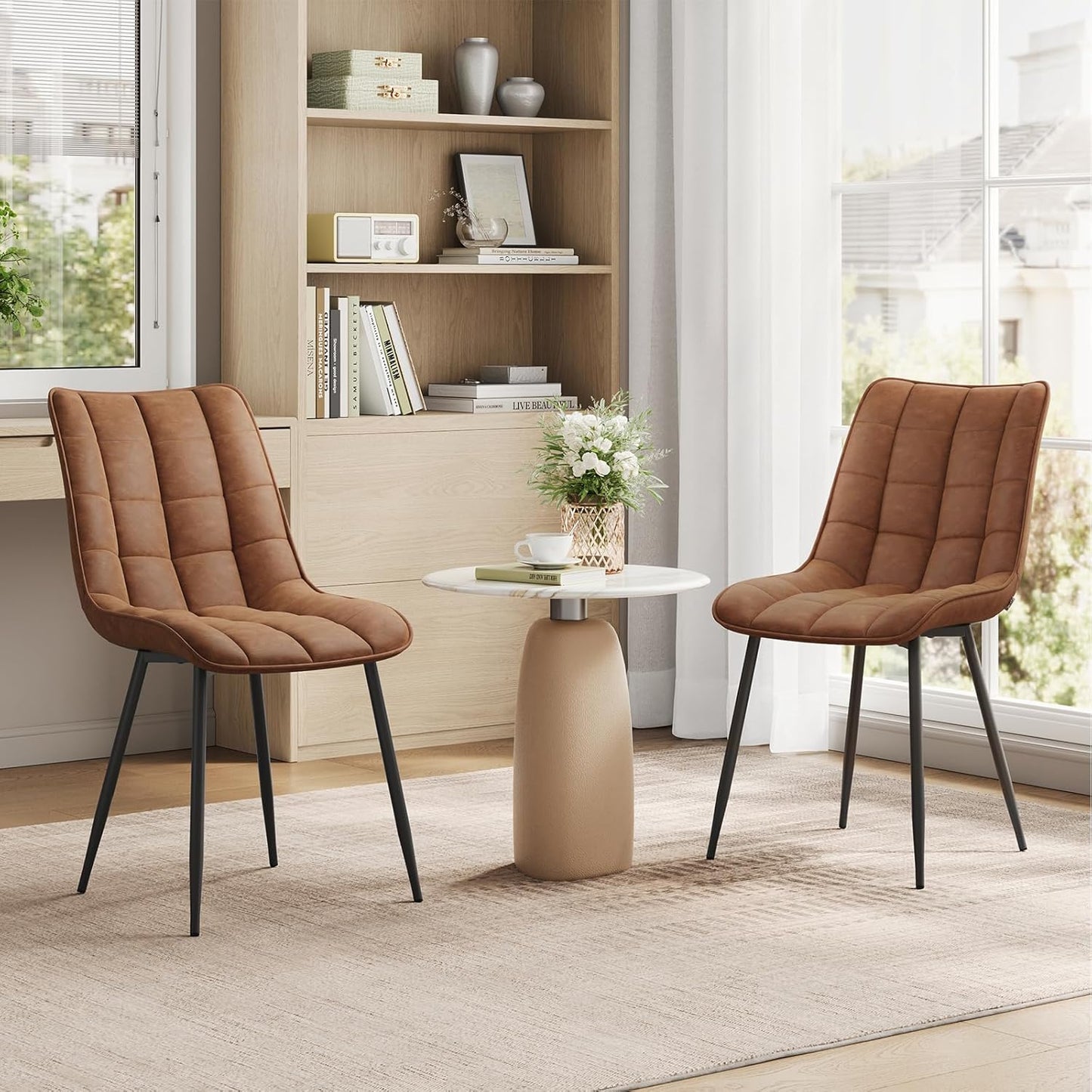 Set of 2 Upholstered Dining Chairs – Faux Leather Accent Chairs with Supportive Backrest for Dining Room, Reception Areas, Light Brown