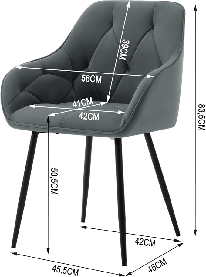 Set of 4 Velvet Dining Chairs with Armrests –  Living Room Chairs with Ergonomic Backrest and Metal Legs, Dark Grey