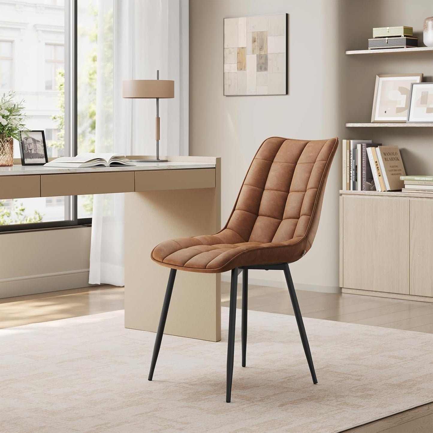 Set of 2 Upholstered Dining Chairs – Faux Leather Accent Chairs with Supportive Backrest for Dining Room, Reception Areas, Light Brown