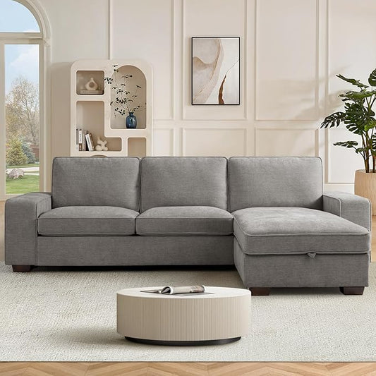 L-Shaped Sectional Sofa with Storage Chaise – Chenille Corner Couch with Built-In Shelving, USB & Type-C Charging, Grey