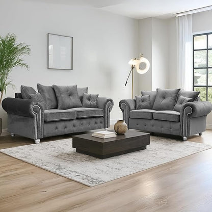 Luxury Grey Plush Velvet 3 & 2 Seater Sofa Suite – Upholstered Living Room Set with Chrome Studded Detailing