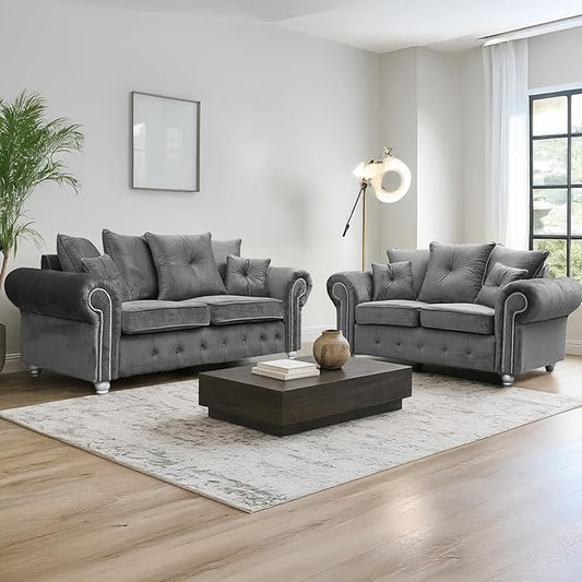 Luxury Grey Plush Velvet 3 & 2 Seater Sofa Suite – Upholstered Living Room Set with Chrome Studded Detailing