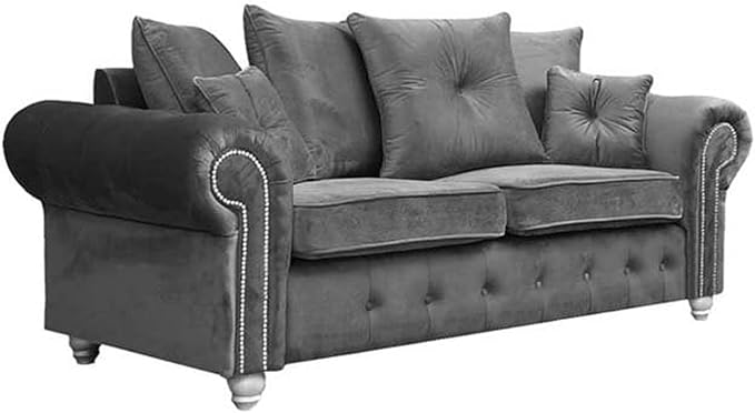 Luxury Grey Plush Velvet 3 & 2 Seater Sofa Suite – Upholstered Living Room Set with Chrome Studded Detailing