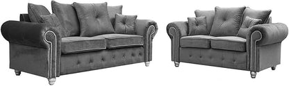 Luxury Grey Plush Velvet 3 & 2 Seater Sofa Suite – Upholstered Living Room Set with Chrome Studded Detailing