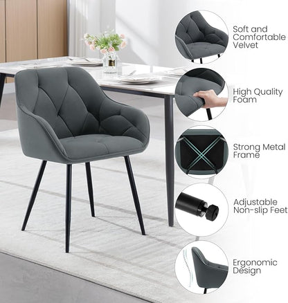 Set of 4 Velvet Dining Chairs with Armrests –  Living Room Chairs with Ergonomic Backrest and Metal Legs, Dark Grey