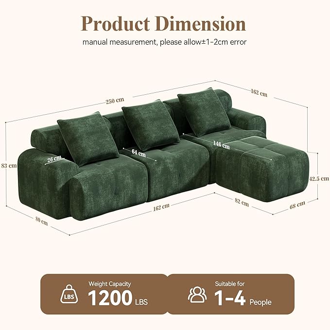 4-Seater L-Shaped Modular Corner Sofa with Ottoman – Green