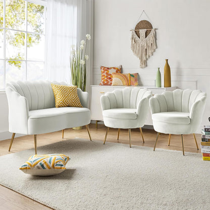 3-Piece Velvet Sofa & Accent Chair Set – Cream 2-Seater Loveseat with 2 Upholstered Armchairs, Gold Legs, Ivory