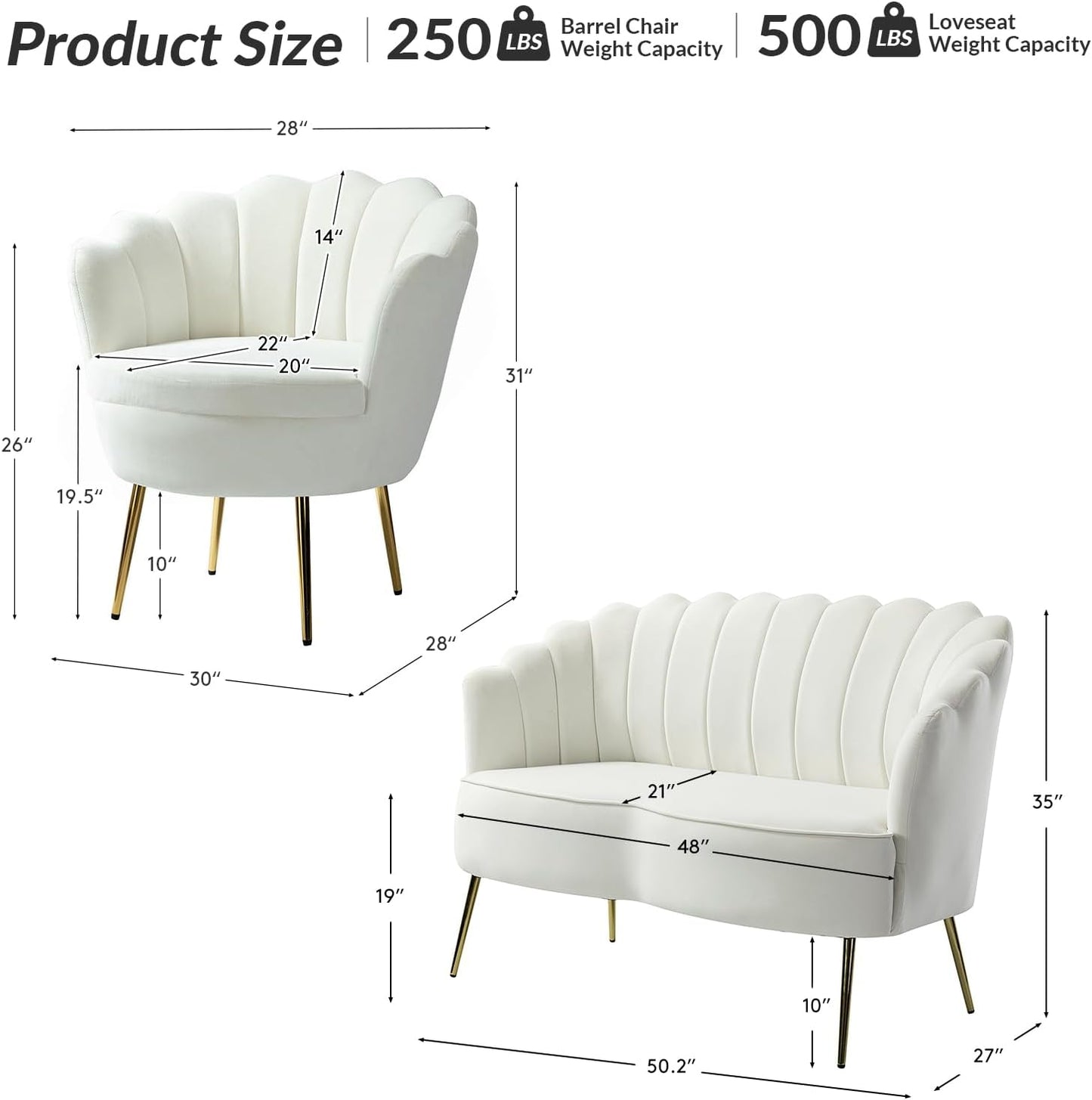 3-Piece Velvet Sofa & Accent Chair Set – Cream 2-Seater Loveseat with 2 Upholstered Armchairs, Gold Legs, Ivory
