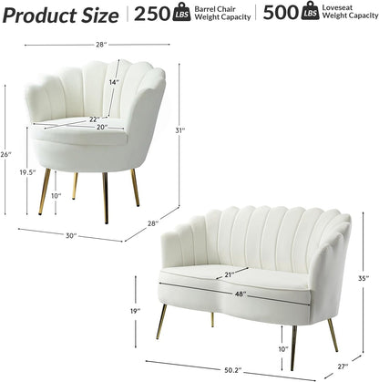 3-Piece Velvet Sofa & Accent Chair Set – Cream 2-Seater Loveseat with 2 Upholstered Armchairs, Gold Legs, Ivory