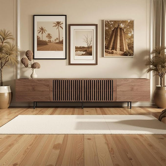 180cm Walnut TV Stand with Fluted Doors – Mid-Century Modern Media Console & Storage Unit for Up to 80-Inch TVs