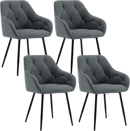 Set of 4 Velvet Dining Chairs with Armrests –  Living Room Chairs with Ergonomic Backrest and Metal Legs, Dark Grey