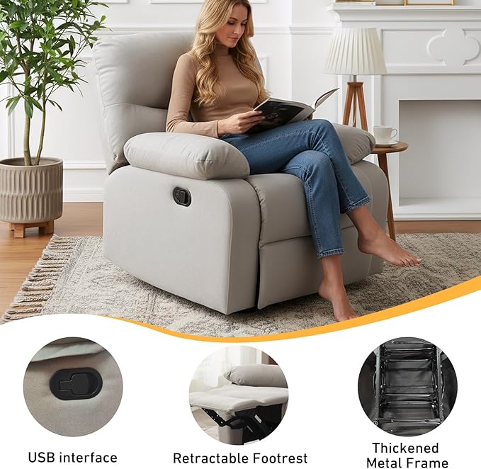 Light Grey Manual Recliner Armchair – Upholstered Single Seater Lounge Chair for Living Room Comfort