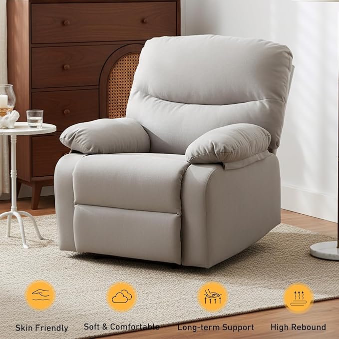 Light Grey Manual Recliner Armchair – Upholstered Single Seater Lounge Chair for Living Room Comfort