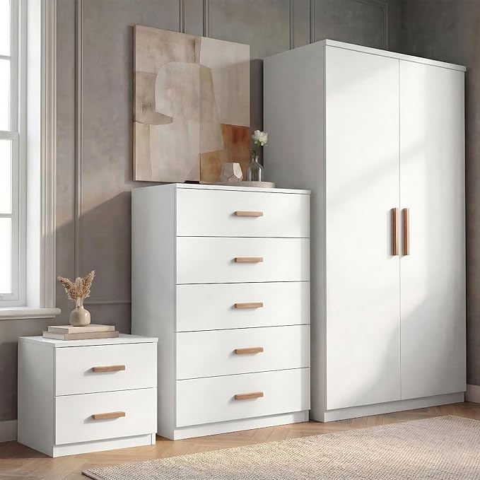 3-Piece White Bedroom Furniture Set – Double Door Wardrobe, 5-Drawer Chest of Drawers & 2-Drawer Bedside Cabinet