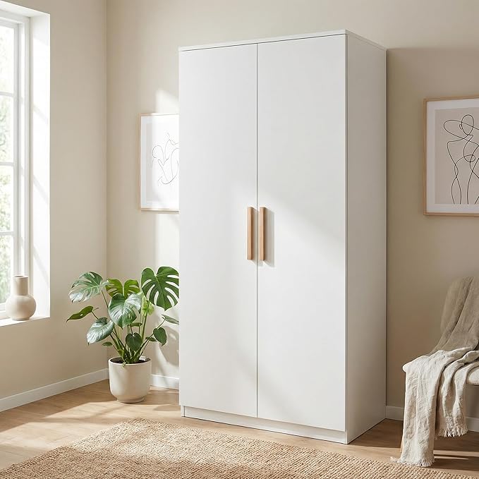 3-Piece White Bedroom Furniture Set – Double Door Wardrobe, 5-Drawer Chest of Drawers & 2-Drawer Bedside Cabinet