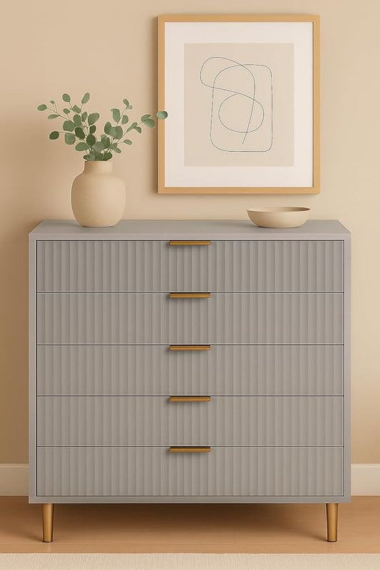 3-Piece Taupe Bedroom Furniture Set – Wooden Wardrobe, 5-Drawer Chest & Bedside Table with Gold Accents and Ridged Front Design