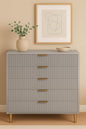 3-Piece Taupe Bedroom Furniture Set – Wooden Wardrobe, 5-Drawer Chest & Bedside Table with Gold Accents and Ridged Front Design