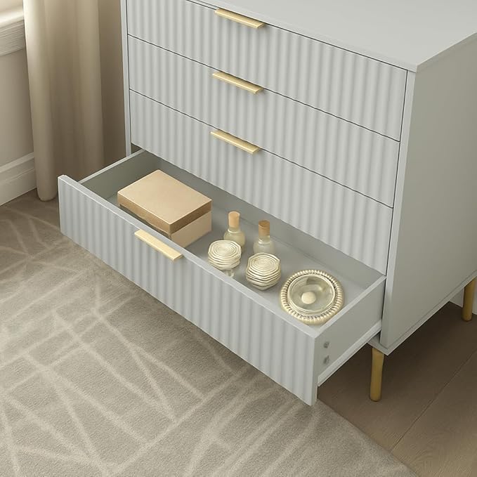 3-Piece Taupe Bedroom Furniture Set – Wooden Wardrobe, 5-Drawer Chest & Bedside Table with Gold Accents and Ridged Front Design