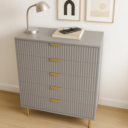 3-Piece Taupe Bedroom Furniture Set – Wooden Wardrobe, 5-Drawer Chest & Bedside Table with Gold Accents and Ridged Front Design