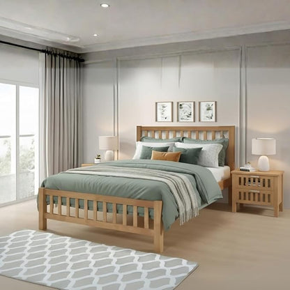 Solid Oak Wooden Double Bed Frame – Heavy-Duty Rubberwood with Classic Shaker Design and Extra-Thick 28mm Slats