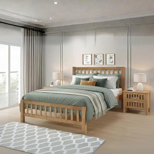 Solid Oak Wooden Double Bed Frame – Heavy-Duty Rubberwood with Classic Shaker Design and Extra-Thick 28mm Slats