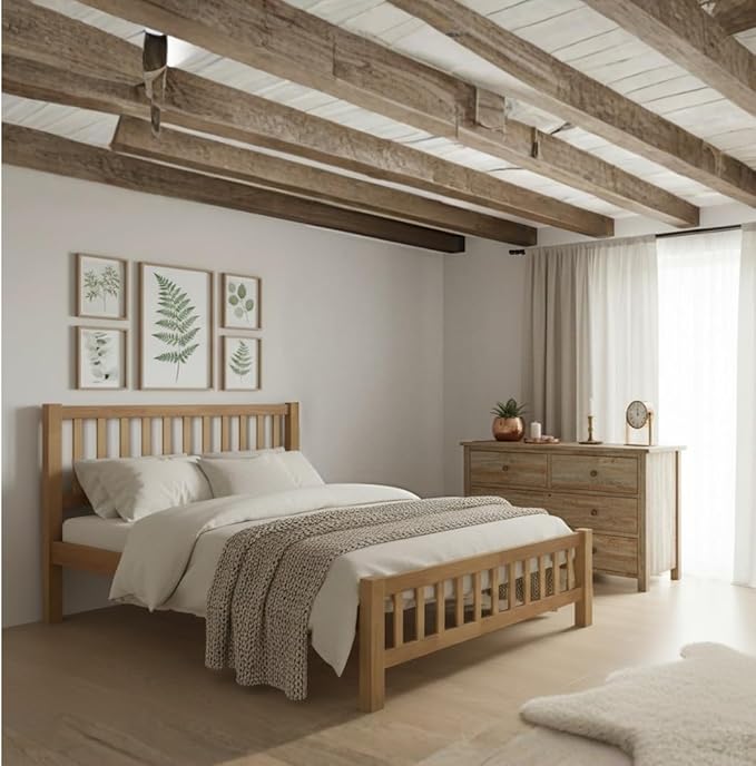 Solid Oak Wooden Double Bed Frame – Heavy-Duty Rubberwood with Classic Shaker Design and Extra-Thick 28mm Slats