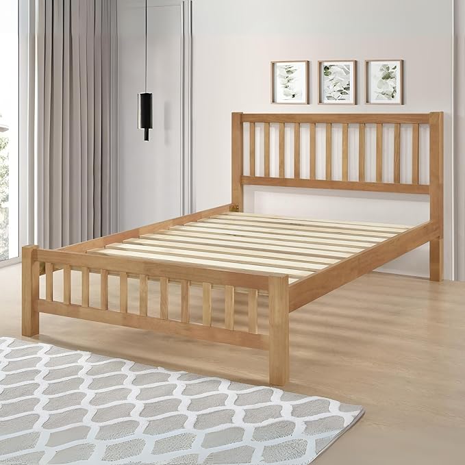 Solid Oak Wooden Double Bed Frame – Heavy-Duty Rubberwood with Classic Shaker Design and Extra-Thick 28mm Slats
