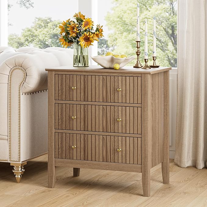 Walnut 3-Drawer Bedside Cabinet – Large Wooden Nightstand with Metal Handles for Bedroom, Hallway Storage