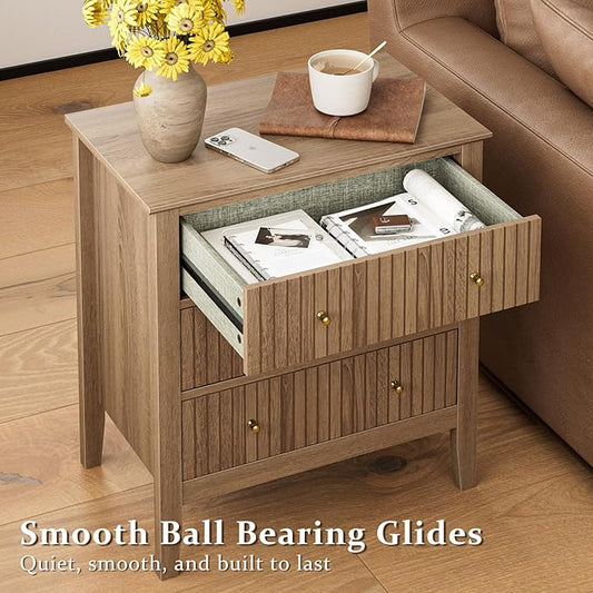 Walnut 3-Drawer Bedside Cabinet – Large Wooden Nightstand with Metal Handles for Bedroom, Hallway Storage