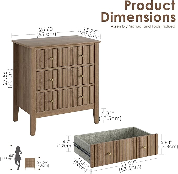 Walnut 3-Drawer Bedside Cabinet – Large Wooden Nightstand with Metal Handles for Bedroom, Hallway Storage