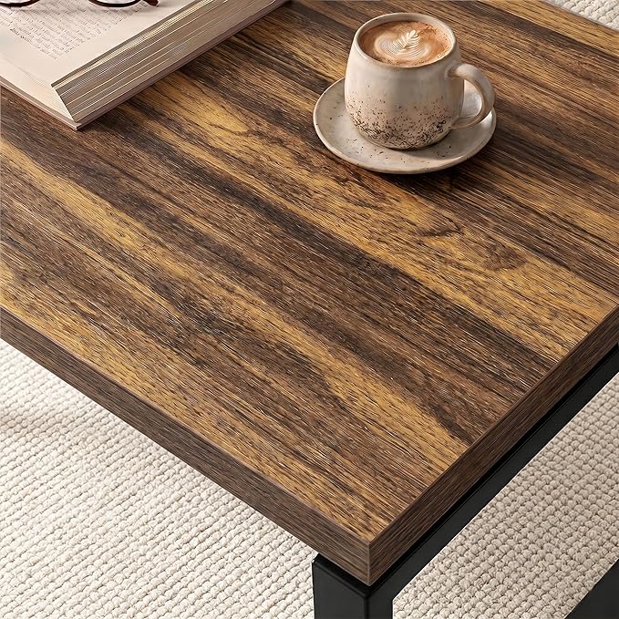 3-Piece Industrial Nesting Coffee Table Set – Rustic Oak Living Room Tables with Heavy-Duty Metal Frame and Space-Saving Design