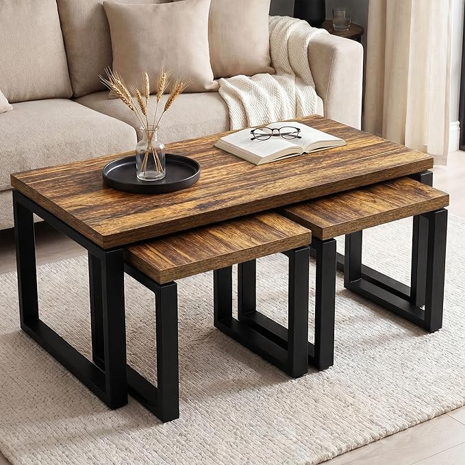 3-Piece Industrial Nesting Coffee Table Set – Rustic Oak Living Room Tables with Heavy-Duty Metal Frame and Space-Saving Design