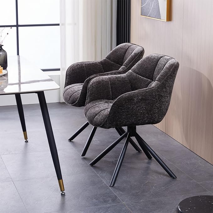 Set of 2 Swivel Dining Chairs with Padded Armrests – Chenille Upholstered Accent Chairs with 180° Auto-Return Function and Metal Frame, Grey