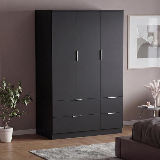 Modern 4 Drawer Black Wardrobe – Spacious Bedroom Storage with Hanging Rail & Shelf (170 x 108 x 54 cm)