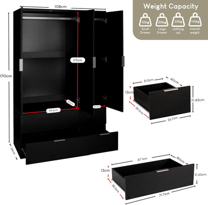 Modern 4 Drawer Black Wardrobe – Spacious Bedroom Storage with Hanging Rail & Shelf (170 x 108 x 54 cm)