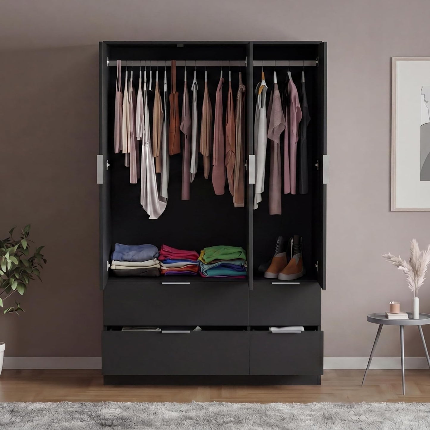 Modern 4 Drawer Black Wardrobe – Spacious Bedroom Storage with Hanging Rail & Shelf (170 x 108 x 54 cm)