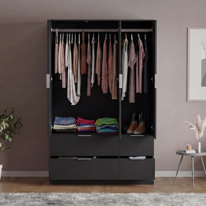Modern 4 Drawer Black Wardrobe – Spacious Bedroom Storage with Hanging Rail & Shelf (170 x 108 x 54 cm)