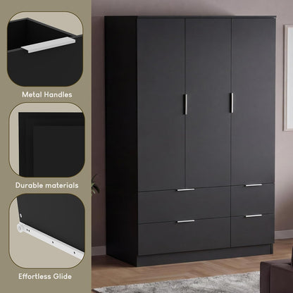Modern 4 Drawer Black Wardrobe – Spacious Bedroom Storage with Hanging Rail & Shelf (170 x 108 x 54 cm)